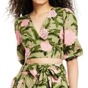 AGUA BENDITA Linen Green & Pink Peony Tropical Wrap Crop Top Blouse